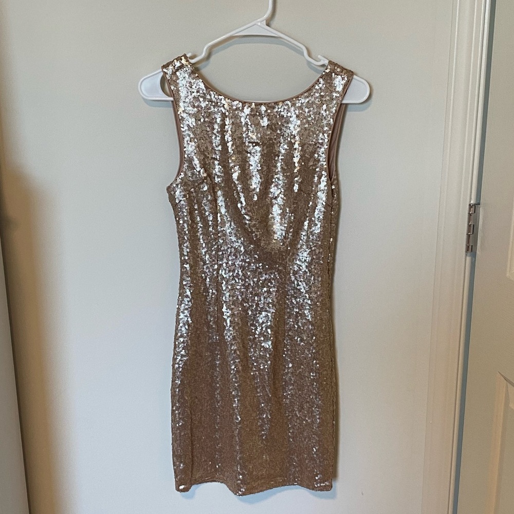 Rose Gold Mini Sequin Dress with Swooped Back
